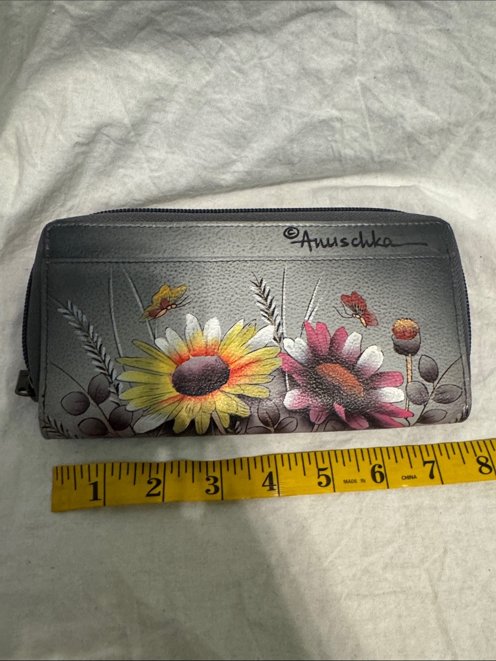 Anuschka Gray Wallet with Yellow & Pink Floral Artwork